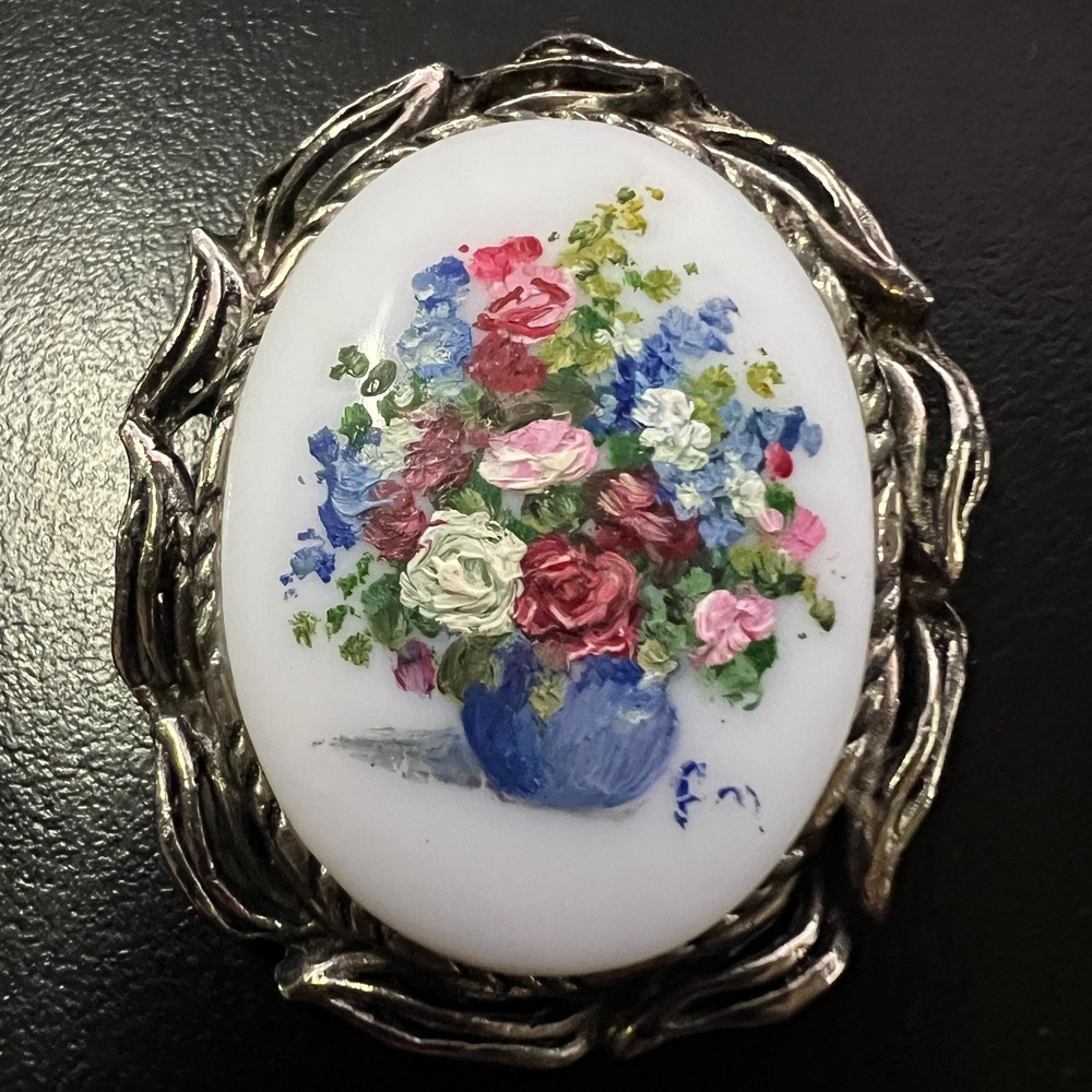 Vintage Hand Painted Porcelain Floral Brooch Pendant in  Silver Tone Frame